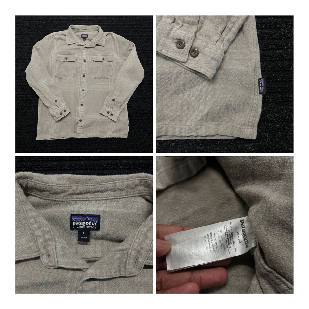 Patagonia Mens Organic Cotton Flannel Shirt Large Khaki Tan Plaid Button Down